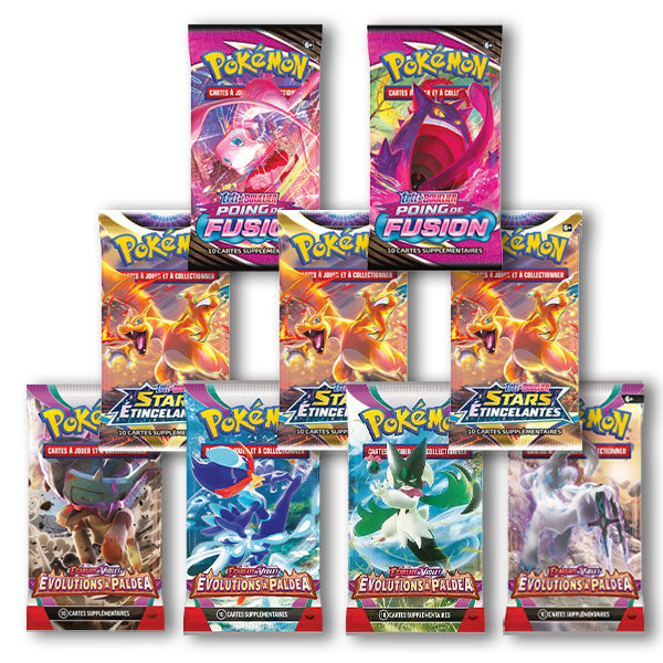 Lot 9 Boosters Pokémon | Poing de Fusion, Stars Etincelantes, Evolution à  Paldea [Français]